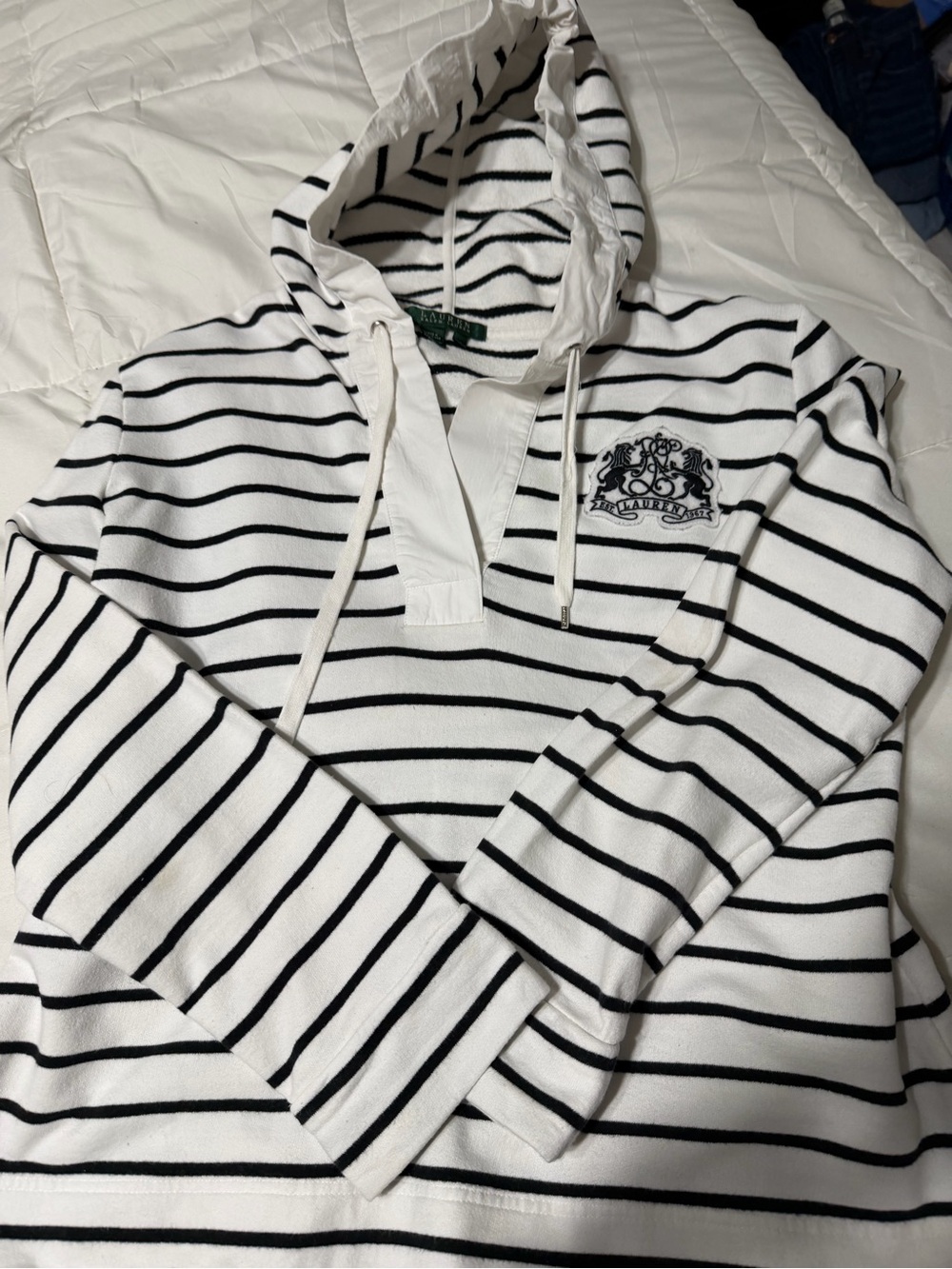 Ralph Lauren White and Black Striped Crewneck Hooded Sweater - Picture 2 of 7